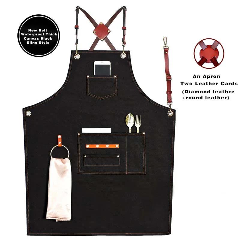 Custom Logo Canvas Kitchen Hairdresser Catering Baking Thickened Work Uniform Multiple Pockets Hanging Ring Leather Straps Apron