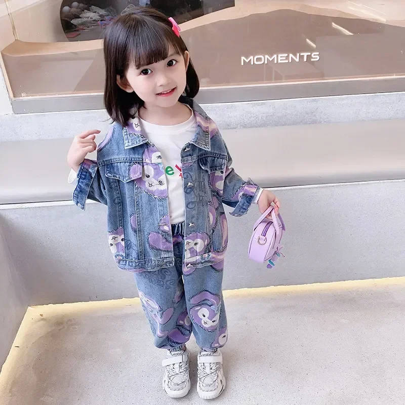 90-140cm Girls Printed Denim Suit Autumn Baby Jacket Pant 2024 Spring New Cartoon Jeans Baby Girl Baby Two-piece Clothing Set