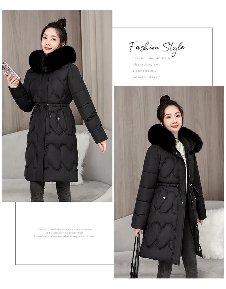 2026 Winter New Fur Collar Puffer Down Parka Loose Long Hooded Warmer Thicken Snow Jacket Pocket Zipper Outerwear Female