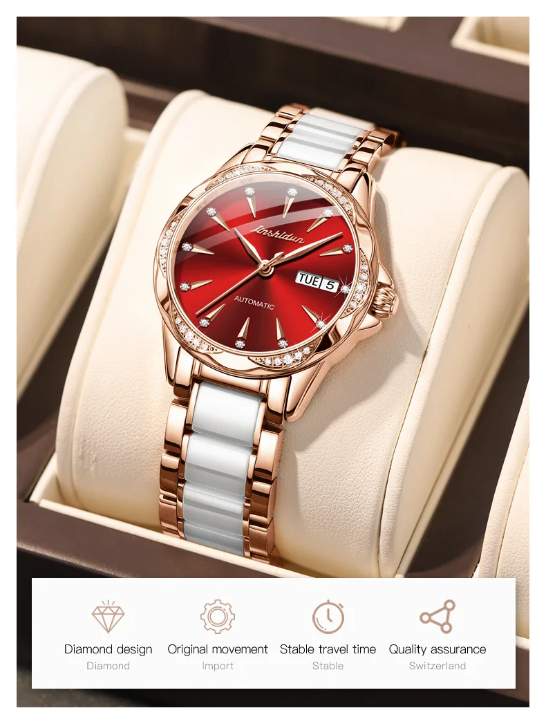 JINSHIDUN 8821 Automatikuhren für Damen, elegante Luxus-Keramik-Stahlarmbanduhr mit Doppelkalender, wasserdichte mechanische Damenuhren – Detail 3
