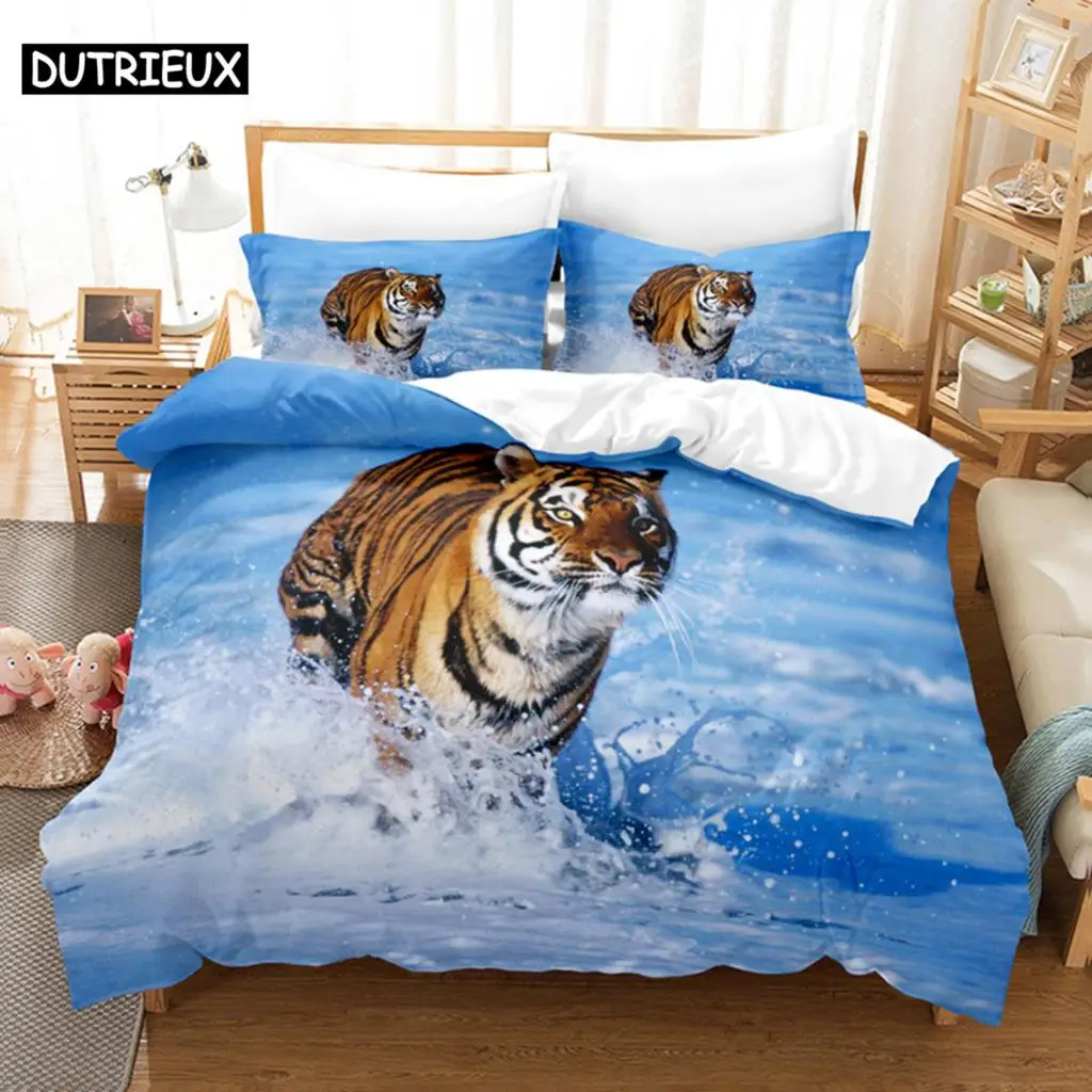 

3D Digital Printing Fashion Design Running Tiger Bedding Set, Queen Size Duvet Cover Set