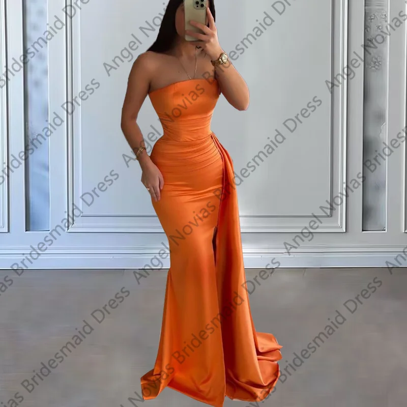 

Long Mermaid Orange Bridesmaid Dresses with Side Skirt Split African Girls Wedding Party Maid Of Honor Dress Customized