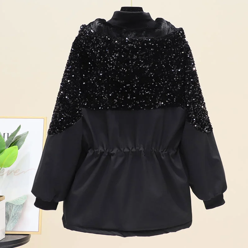 2023 New Autumn Women Jacket Long Sleeve Hooded Female Windbreaker Heavy Industry Sequins Jackets Loose Black Overcoat Outwear