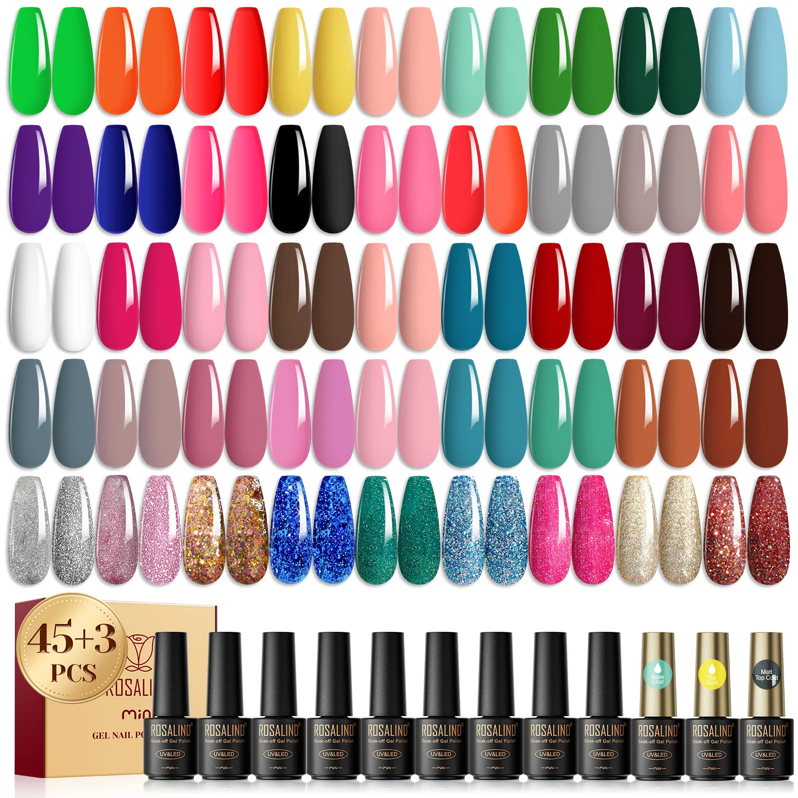 

ROSALIND Gel UV Polish Kit 45 Colors with 3pcs Base Matt Top Coat Nail Polish Soak Off Hybrid Semi Permanent for Nail Beauty