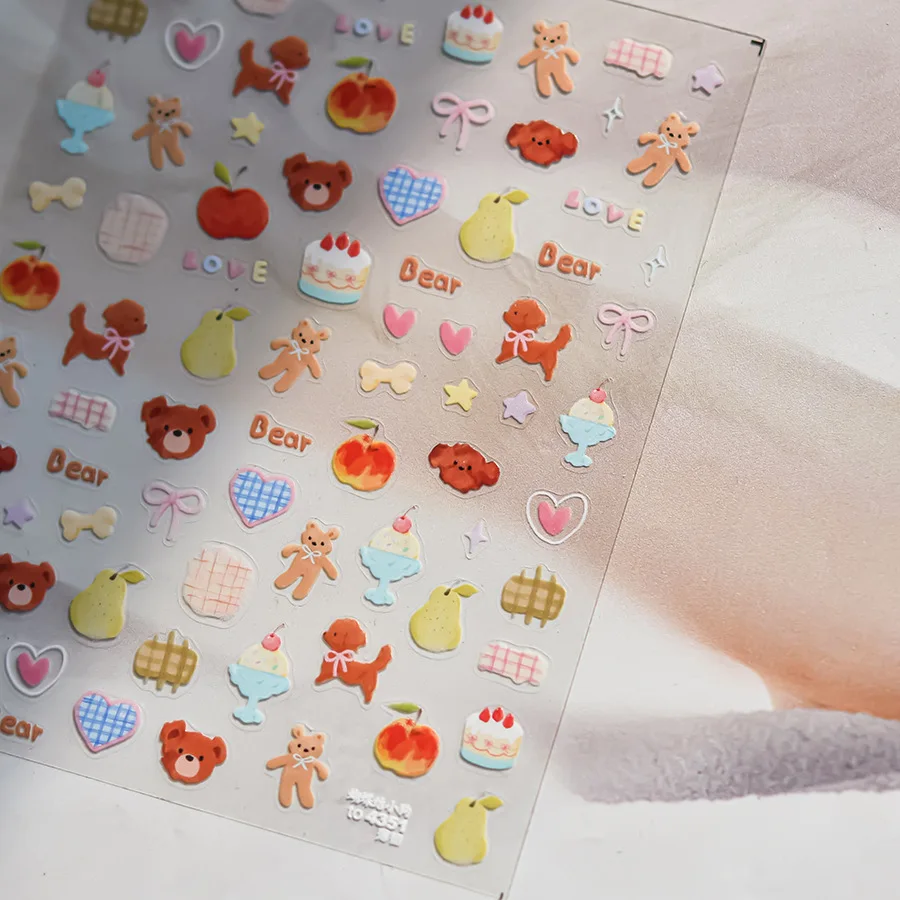 Dulce cachorro perro feliz día lindo cereza estrella rico Rosa amor corazón bonito Bowknot 5D Nail Art pegatina autoadhesiva manicura calcomanía