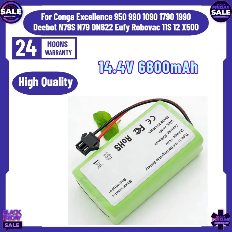 14.4V 6800mAh Li-ion Battery For Conga Excellence 950 990 1090 1790 1990 Deebot N79S N79 DN622 Eufy Robovac 11S 12 X500
