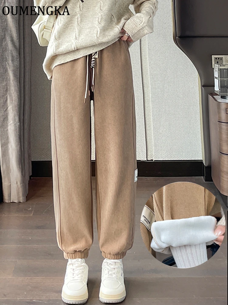 OUMENGKA Casual Elastic Waist Autumn Corduroy Trousers Women Winter Warm Pants Thick with Velvet Ladies Long Female Harlan Pants