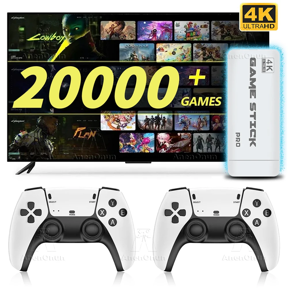 4K Game Stick 20000+Games 23 Emulator Emuelec TV Video Game Console Retro Arcade Mini Gaming Machine with 2 Gamepad Controller