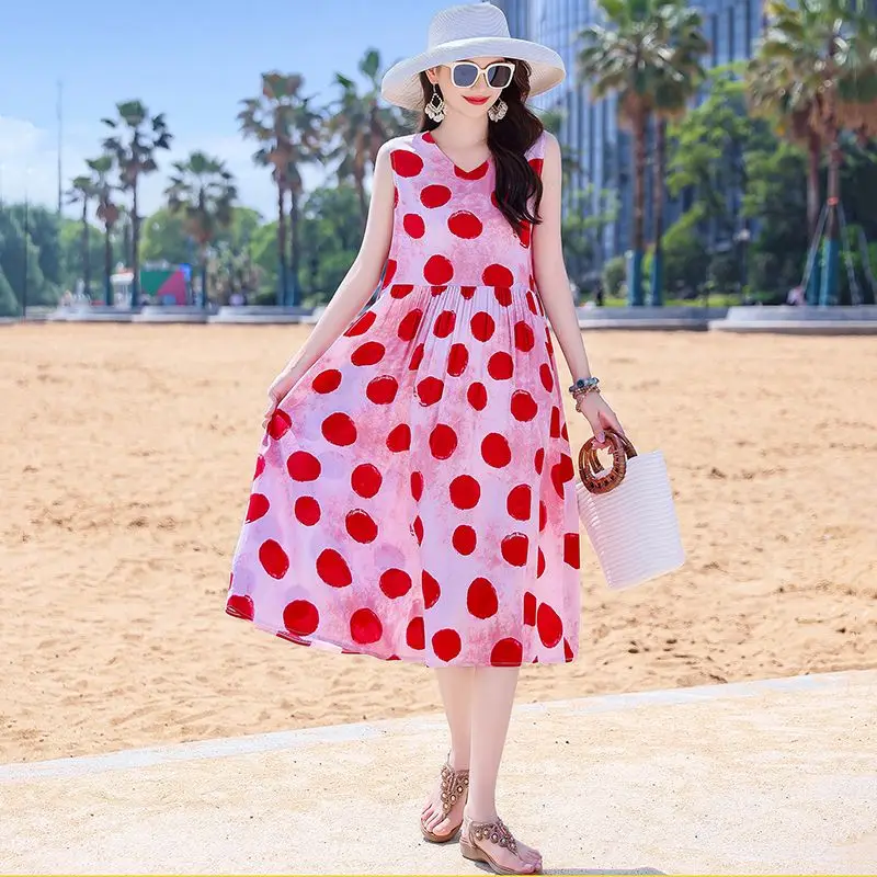 Modna sukienka na ramiączkach z motywem kwiatowym, wykonana z sztucznego jedwabiu bawełnianego, damska letnia sukienka dla mamy, luźna, duży rozmiar, spódnica o kroju litery A za kolano.