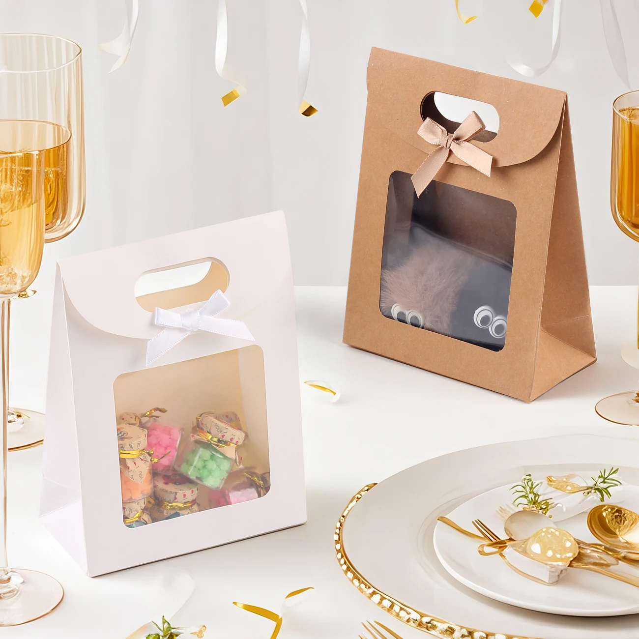Sacos de papel kraft com janela transparente, 6/12 peças, sacos de presente com laço de fita, adequados para embalagem de biscoitos doces, varejo de loja