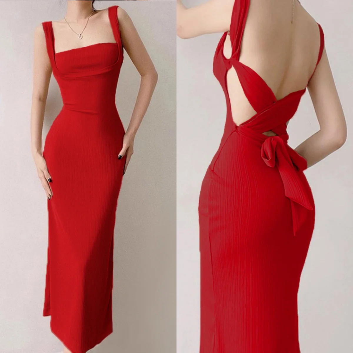 Hot Girl Elegant Backless Strap Dress Slim Fit Inner Wear Lace Waist-Controlled Base Long Dress for Women in Stock