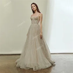 Simple Sparkly A Line Wedding Dresses Spaghetti Straps Long Train Bridal Gowns Elegant Sweetheart Luxury Dress Robe De Soiree