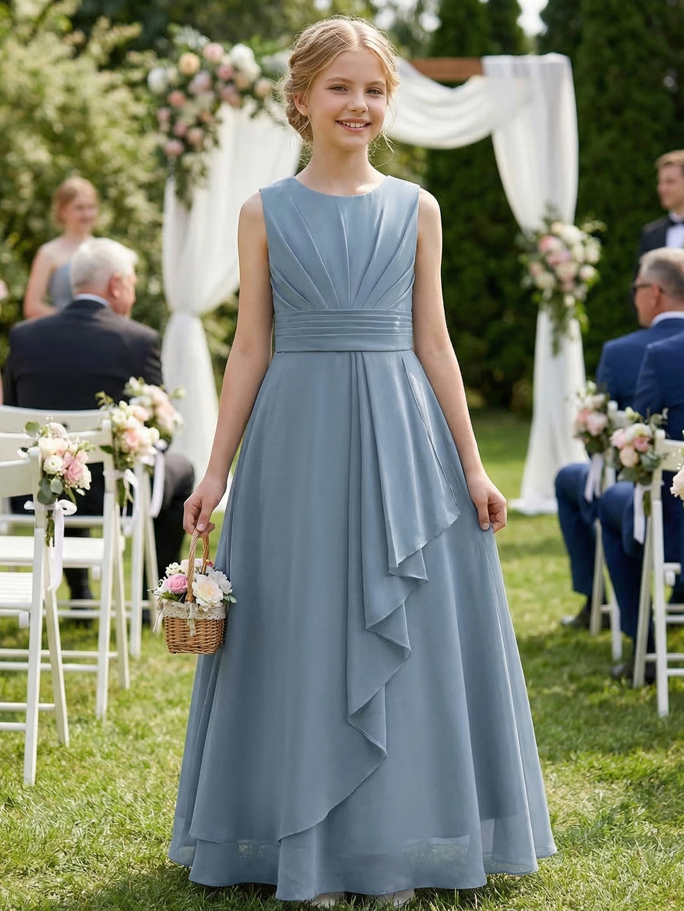 Teen Girl Long Party Dress Elegant Grey Blue Silk Fabric Sleeveless V-Neck Backless Ruffled Flowy Dress,Vacation,Party,Wedding image 5