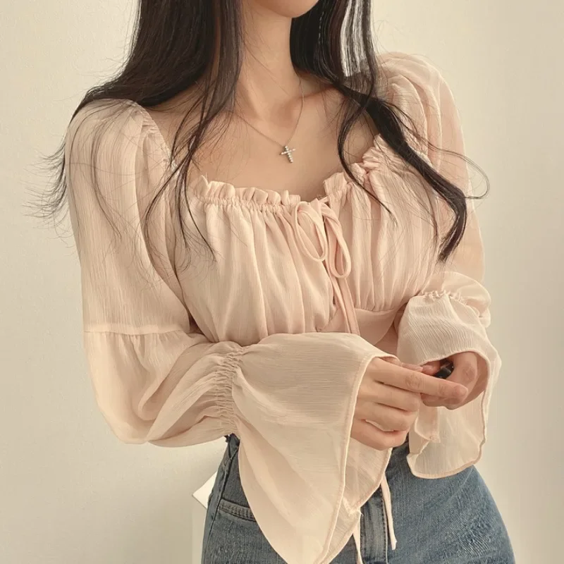 Korean Style Chiffon Blouse with Ruffled Sleeves and Waist Tie, Short Shirt with French Sexy Strap Square Neckline for Women