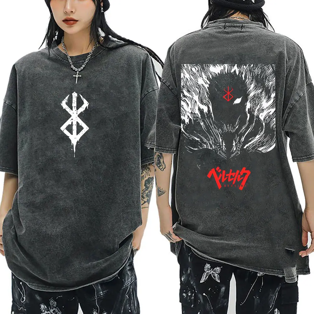 Customization Anime Berserk Guts Swordsman Griffith Vintage Washed T-shirts Men Women Cotton Casual Oversized T-Shirt Fashion Co