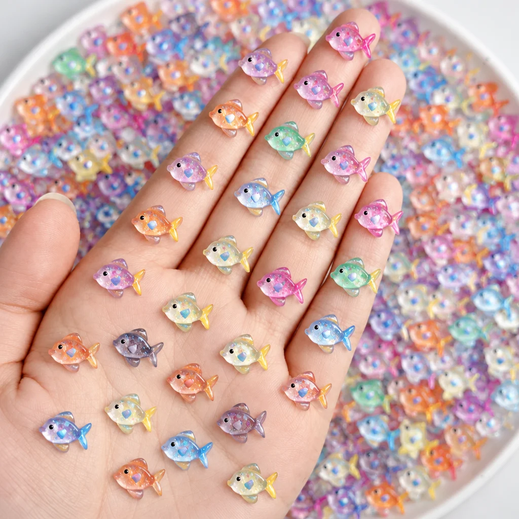 50Pcs Multicolor Glitter Resin Fish Nail Charms Translucent Mini Ocean Fishes Nails Art Decoration DIY Crafts Manicure Accessory