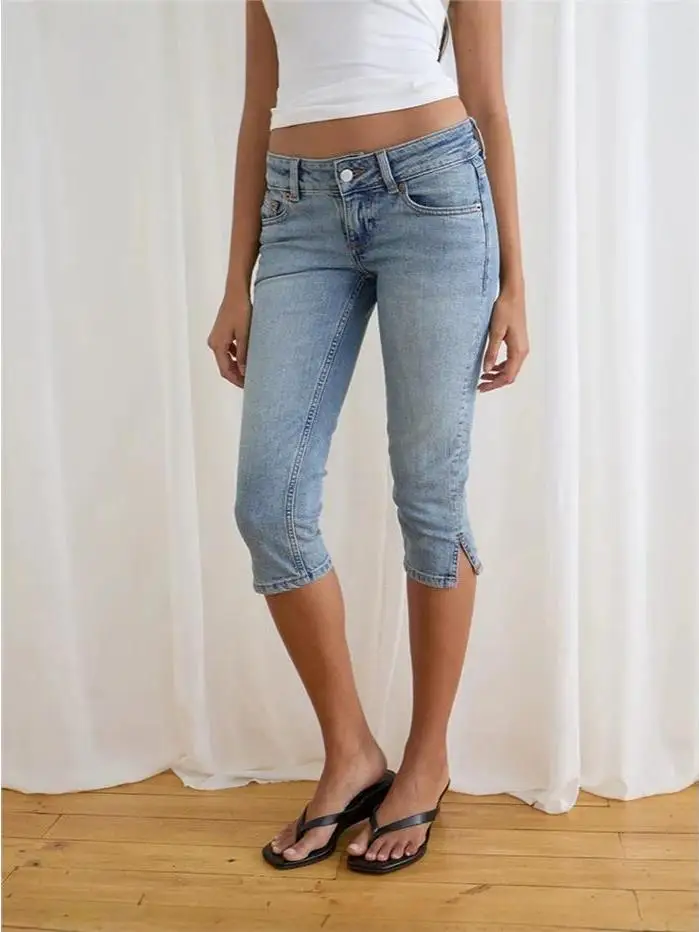 Women's Stretch Denim Capri Pants High Waist Jeans Shorts Slit Design Comfortable Fit mid Stretch Cotton Blend view 4