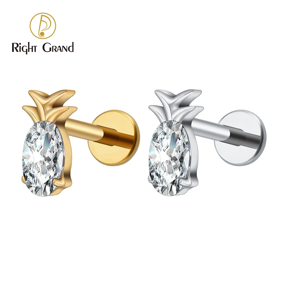 Right Grand Brinco ASTM F136 Titânio 16G Frutas Abacaxi com Oval CZ Labret Cartilagem Tragus Hélice Conch Lobo Piercing