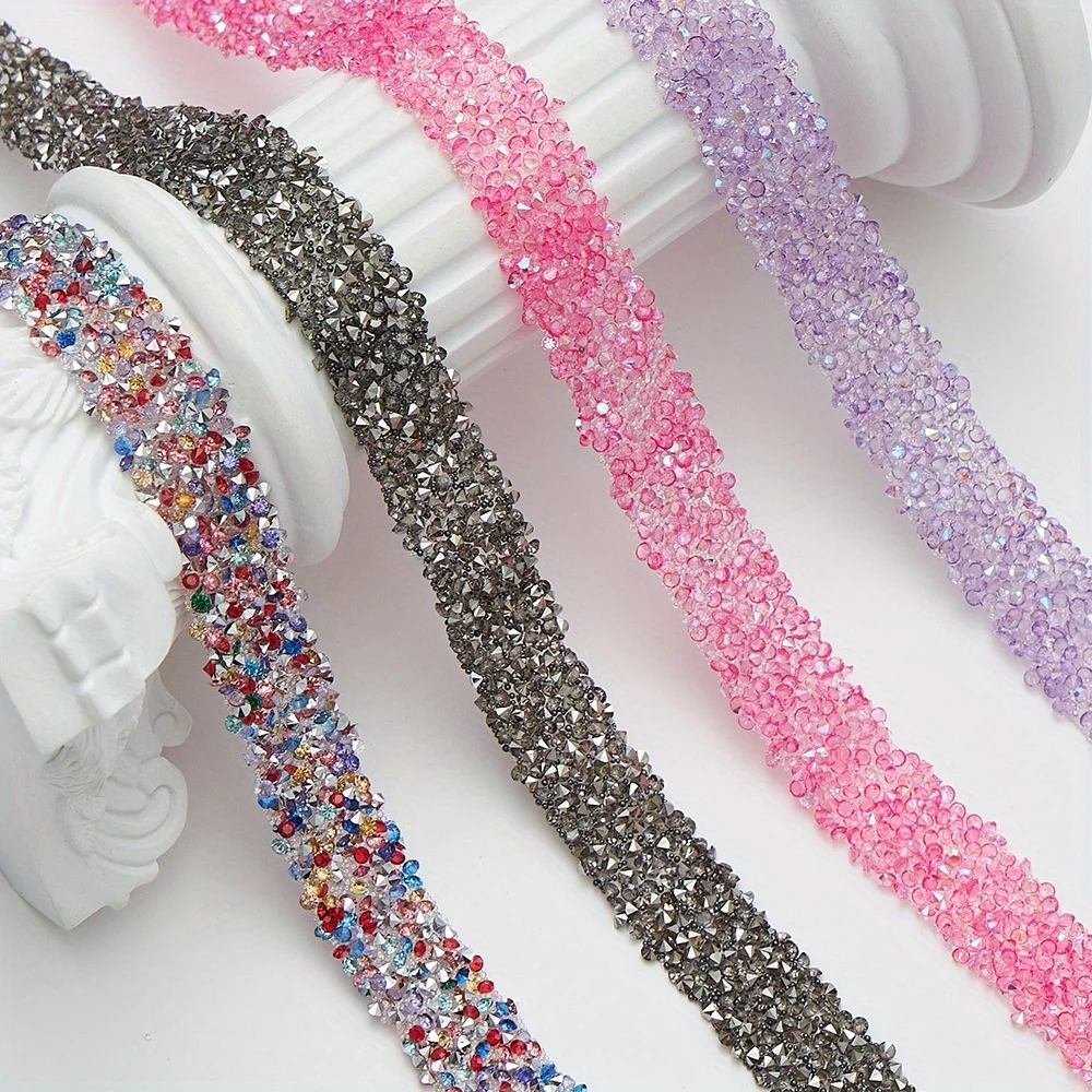 12Mm Self-Adhesive Resin rhinestone Trim Glitter Crystal Strass Tape Chain Ribbon Dia Sticker Belt Wedding Dress Garment Crafts