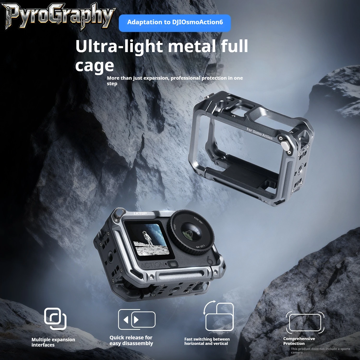 

PyroGraphy Osmo Action 6 Metal Full Cage Sports Camera Double Open Aluminum Alloy Protective Frame for DJI Osmo Action 6 Camera