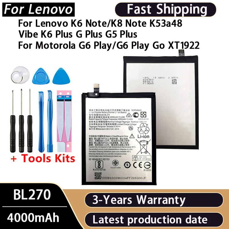 100% BL270 4000mAh Battery For Lenovo K6 K8 Note K53a48 Vibe K6 G G5 Plus For Motorola Moto G6 Play XT1922 Replacement Battery
