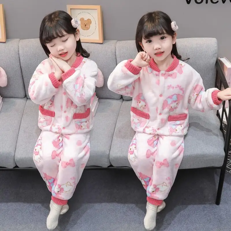 

Детские пижамы Sanrio My Melody, комплект из двух предметов, пуловер для девочек, брюки, зимние фланелевые теплые каваи, модная домашняя одежда с героями мультфильмов аниме