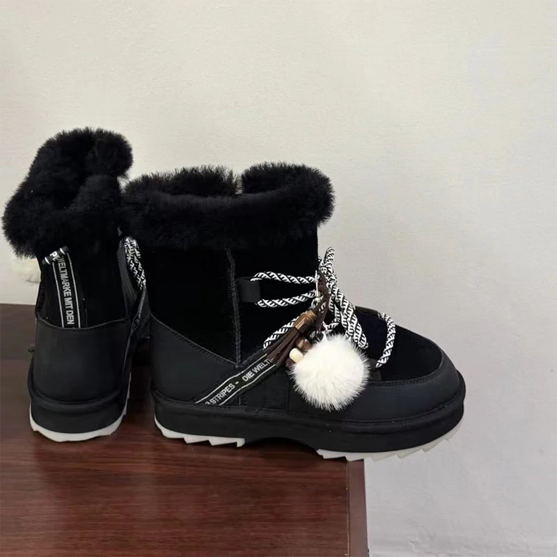 Plush Warm Snow Boots For Women Fashion Short Thick Non-slip Sports Shoes Lace-up Zipper Ankle Boots Thick Sole Shoelace Pendant