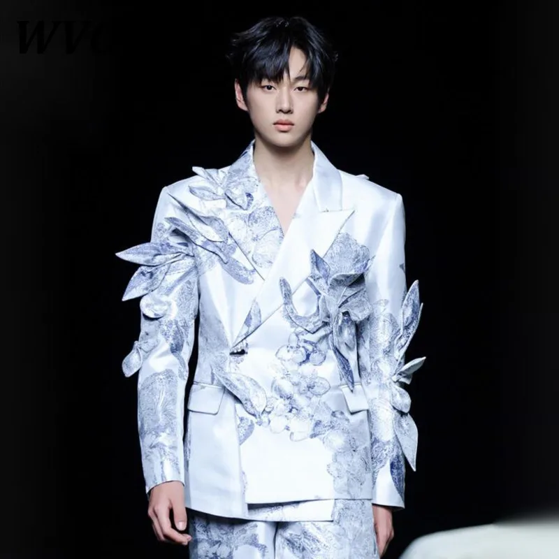 

WVGA Suit Coats Spring Autumn New Man 3D Plant Floral Jacquard Asymmetrical Design Trendy Niche Casual Long Sleeve Blazer W10531