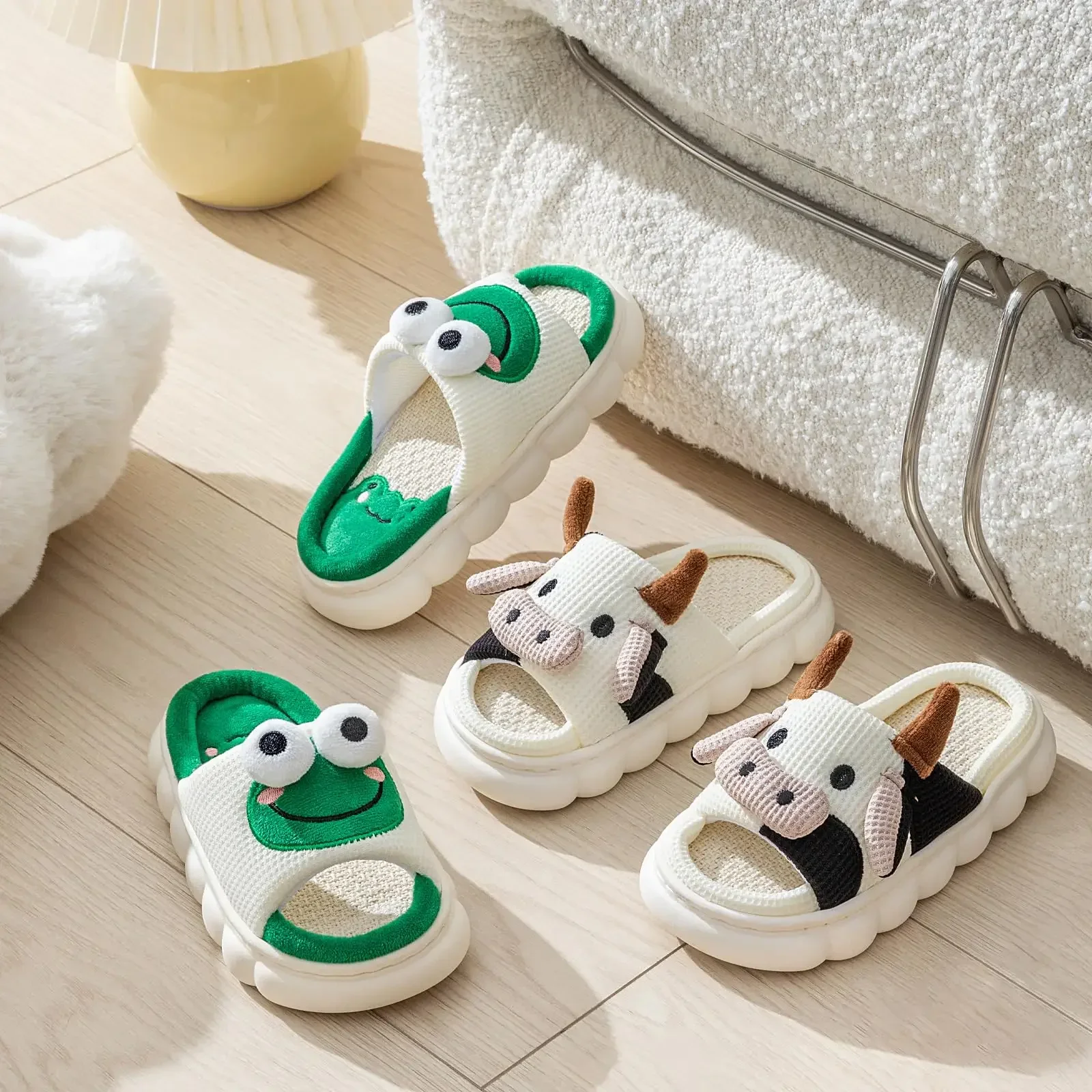 Pantofole da mucca per bambini in lino di cotone per tutte le stagioni sandali da cartone animato carino pantofole per animali scarpe da casa per