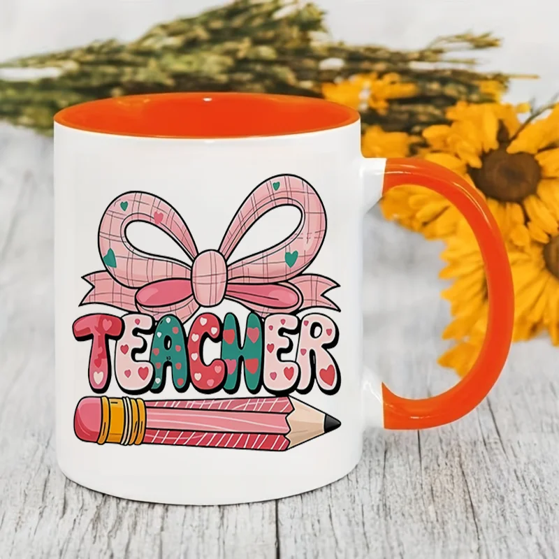 Teacher Bow Pencil Colorful Print Ceramic Coffee Mug, 11oz 350ml Personalized Custom Mug, Cute Aesthetic Mug Microwave Safe, Bir