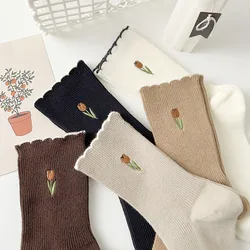 Spring and Autumn Tulip Embroidery Women's Mid-tube Socks Solid Color Socks Maillard Color Casual High Appearance Level Socks