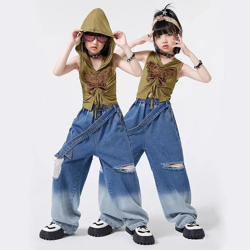 Kid Hip Hop Clothing Green Butterfly Crop Hoodie Tank Top Denim Blue Strap Ripped Jeans Pants for Girls Dance Costumes Clothes