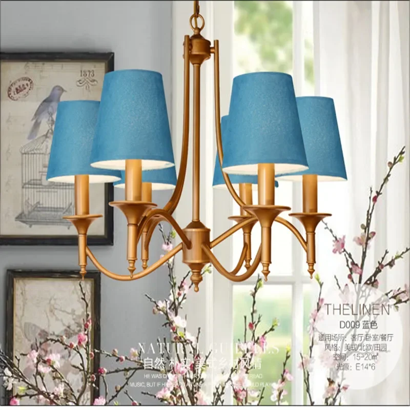 Metal Blue/Green/ Linen Chandelier for Living Room Kitchen Decoration Cloth Attractive LED Multi-heads with Lampshade