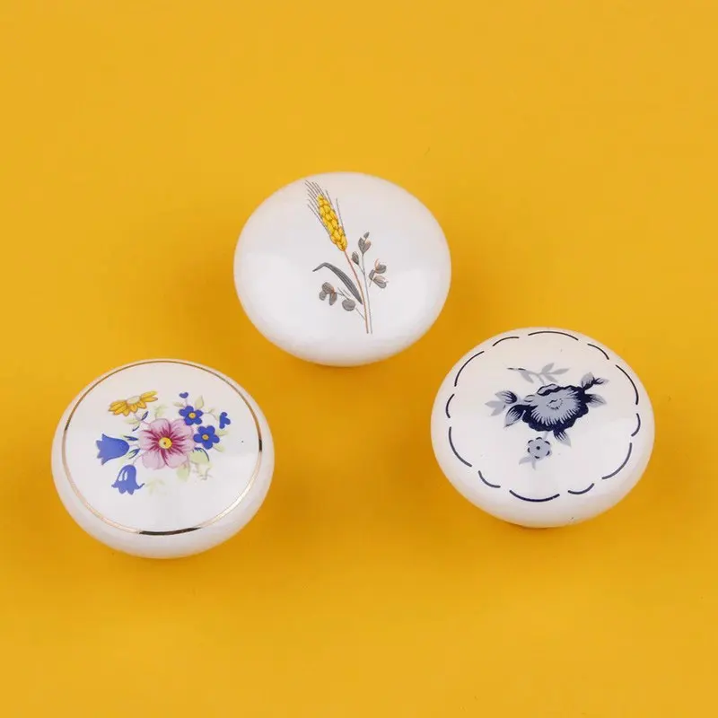 White Ceramic Round Knobs for Drawer Flower Pattern Kitchen Cupboard Door Pulls Modern Decor Wardrobe Dresser Handles 1 piece