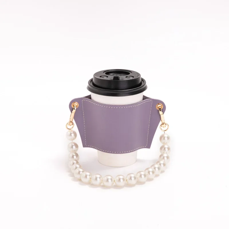 Removable Pearl Chain Cup Holder PU Leather Travel Eco-friendly Drink Case Bag Coffee  Bottle Covers Insulated Tea Cup Holder