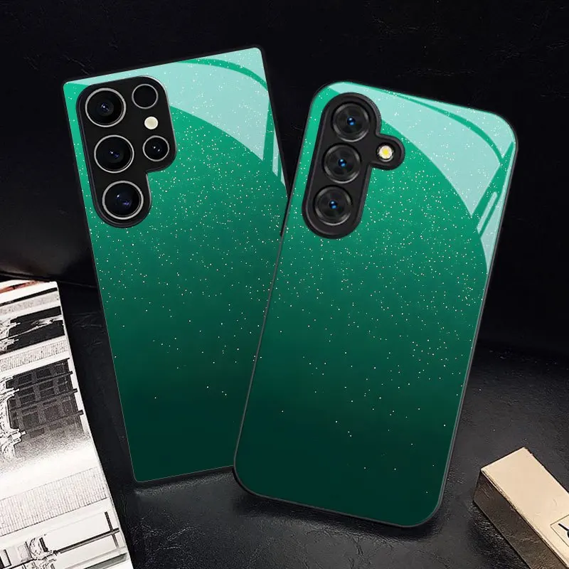 Gradient green starry sky Tempered glass Mobile Phone Case For Samsung Galaxy S26/25/24/23 S22 Ultra FE Plus Anti-fall A54 A55
