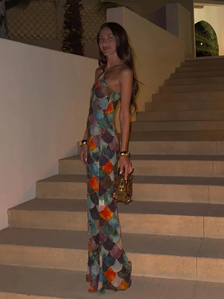 Fashion Scale Print Halter Long Dress Women Sleeveless Backless Sexy Hip Package Maxi Dresses 2025 Spring Summer New Lady Robes