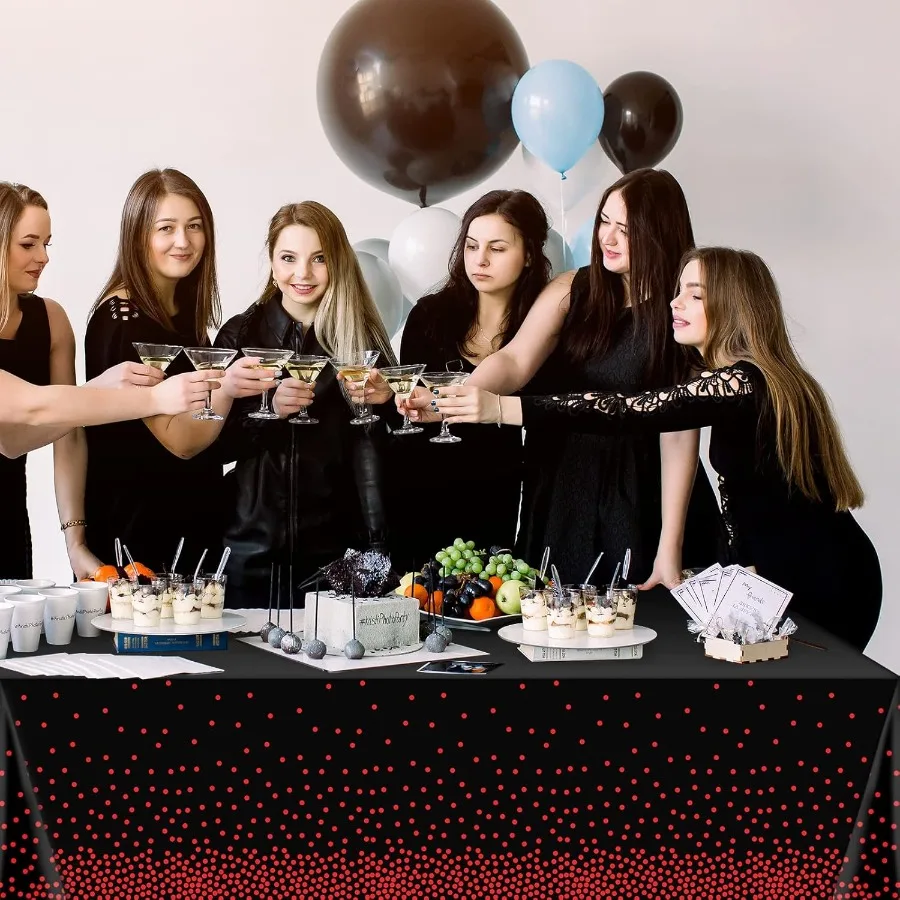 4 sztuki czerwono-czarnych plastikowych obrusów z czerwonymi kropkami, prostokątny plastikowy obrus jednorazowego użytku na urodziny, wesele