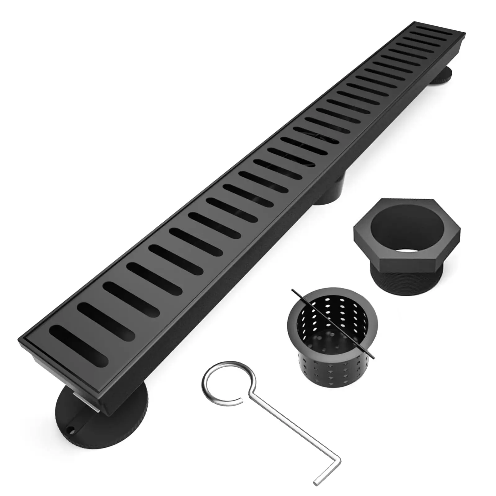 

28 Inch Linear Shower Drain Black Rectangle Floor Drain With Accessories 304 Stainless Steel CUPC Certified
