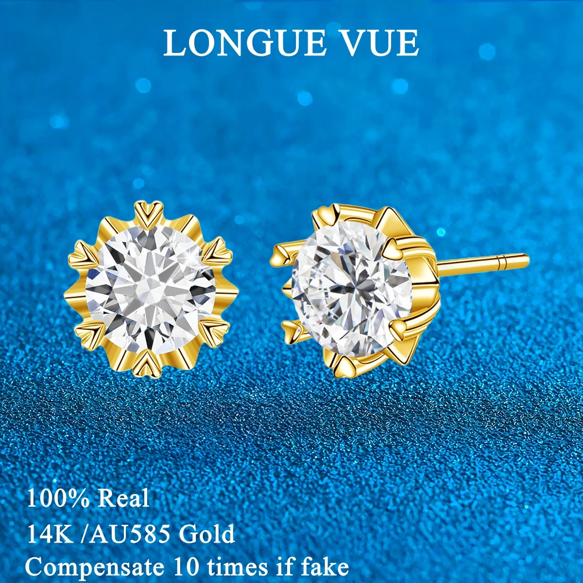 

Real 14K Gold Snowflake Ear Studs For Women Moissanite Diamond Stud Earrings 1CT 2CT D VVS1 Trend Wedding Fine Jewelry