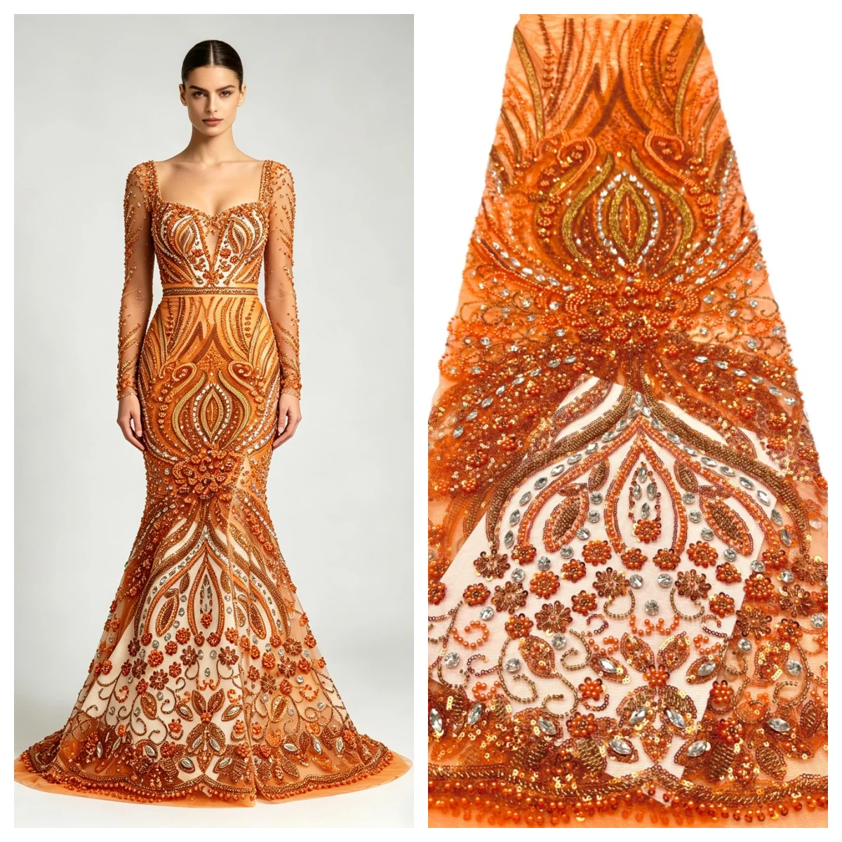 Fashion Rhinestone Beaded Heavy Lace Fabric, High Quality African Sequin Mesh Lace for Women Evening Party Wedding Gown Sewing