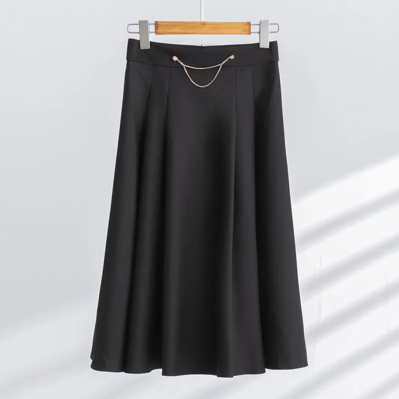 NAVIU Vintage A Line High Waist Zipper Solid Color Midi Skirts For Women New Spring CHAIN Loose Skirt Office Lady Casual Skirts