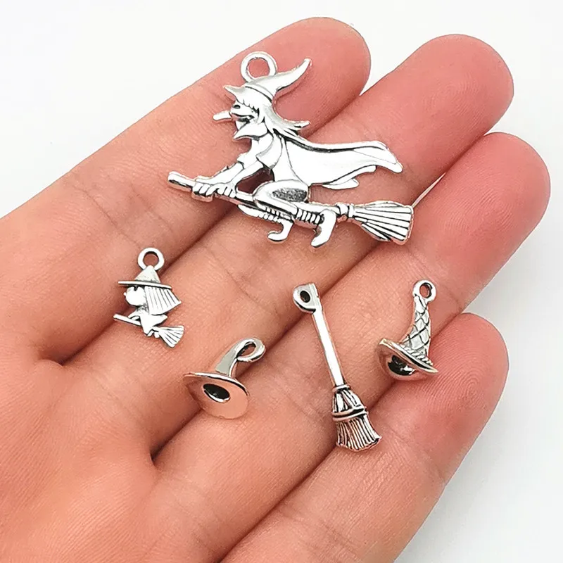 2026 New 10/20Pcs Antique Silver Witch Hat Broom Charm Dark Magic Spell Pendant Jewelry for Halloween Costume Party For Necklace