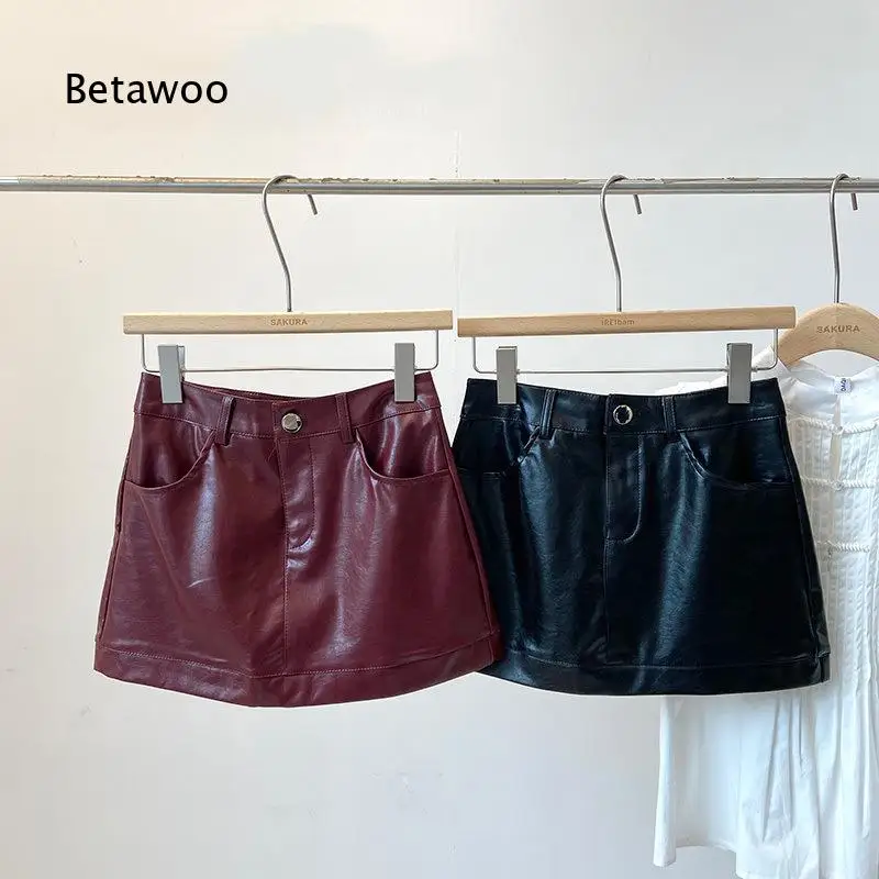 Women Wine Red High Waist PU Leather A Line Mini Skirt Anti Exposure Hip Wrap Bottoms Versatile Slim Fit For Autumn Daily Stree