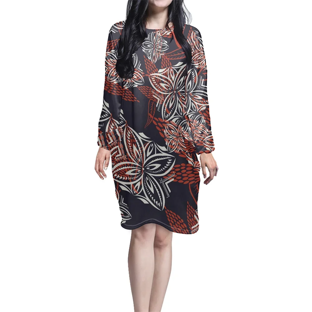 

Holiday Leisure Women Dress Loose Sleeping Dress Polynesian Tribal Clothing Flowers Print Custom O Neck Dresses with Pockets