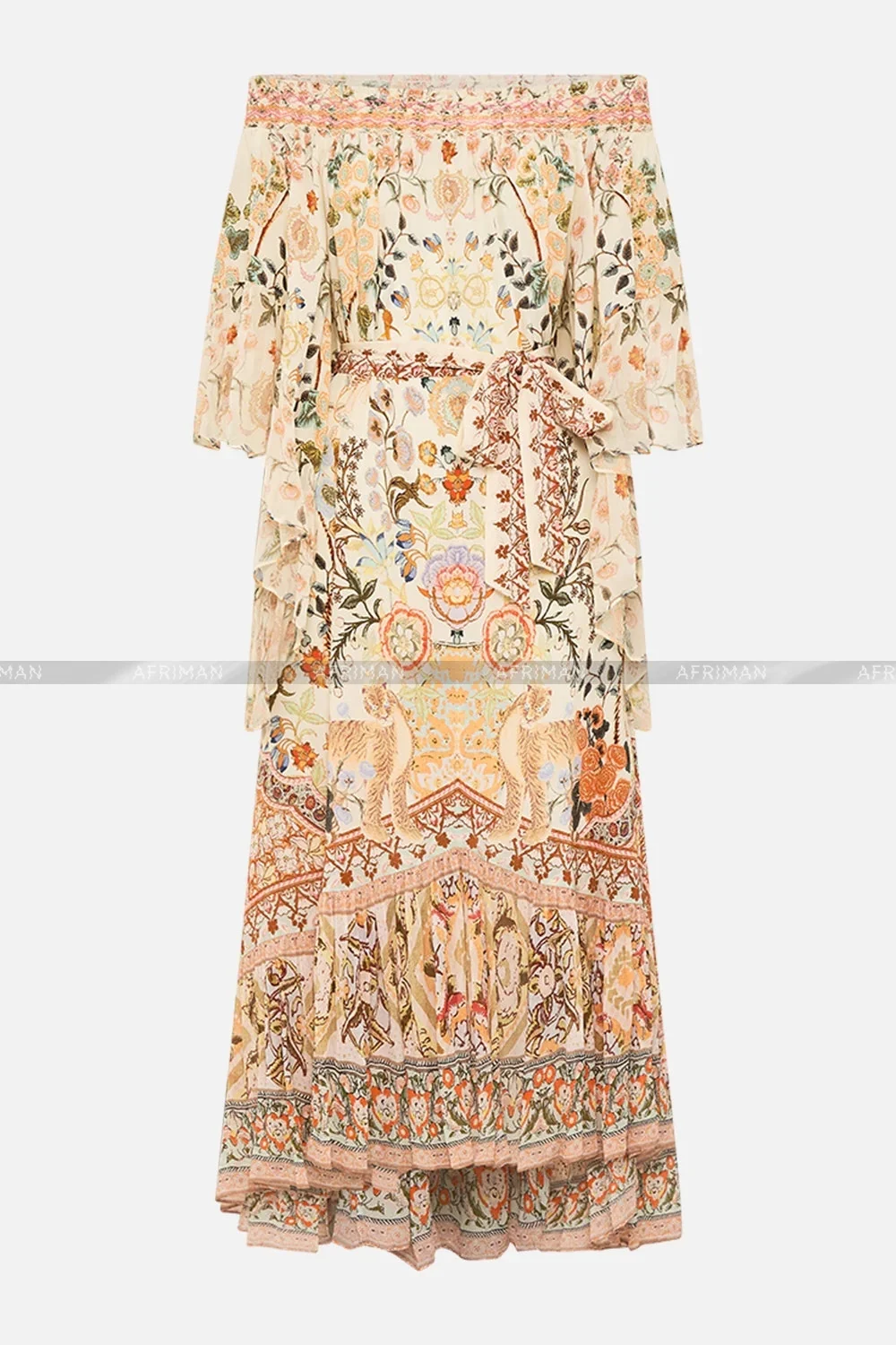 Women Slash Collar Crystal Beaded Half Multi-layer Flare Sleeve Flower Print 100% Silk Irregular Long Loose Dress