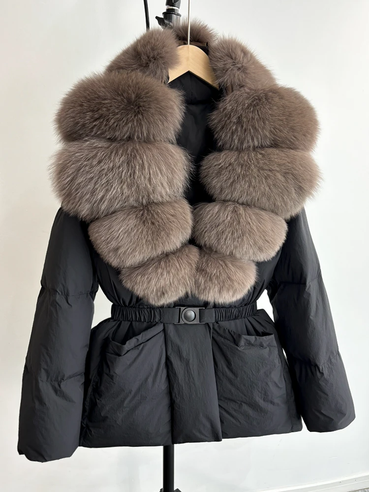 Lagabogy 2025 Large Real Fox Fur Winter Belt Waist-Tight Elegant Warm 90% White Duck Down Jacket Female V-neck Loose Puffer Coat