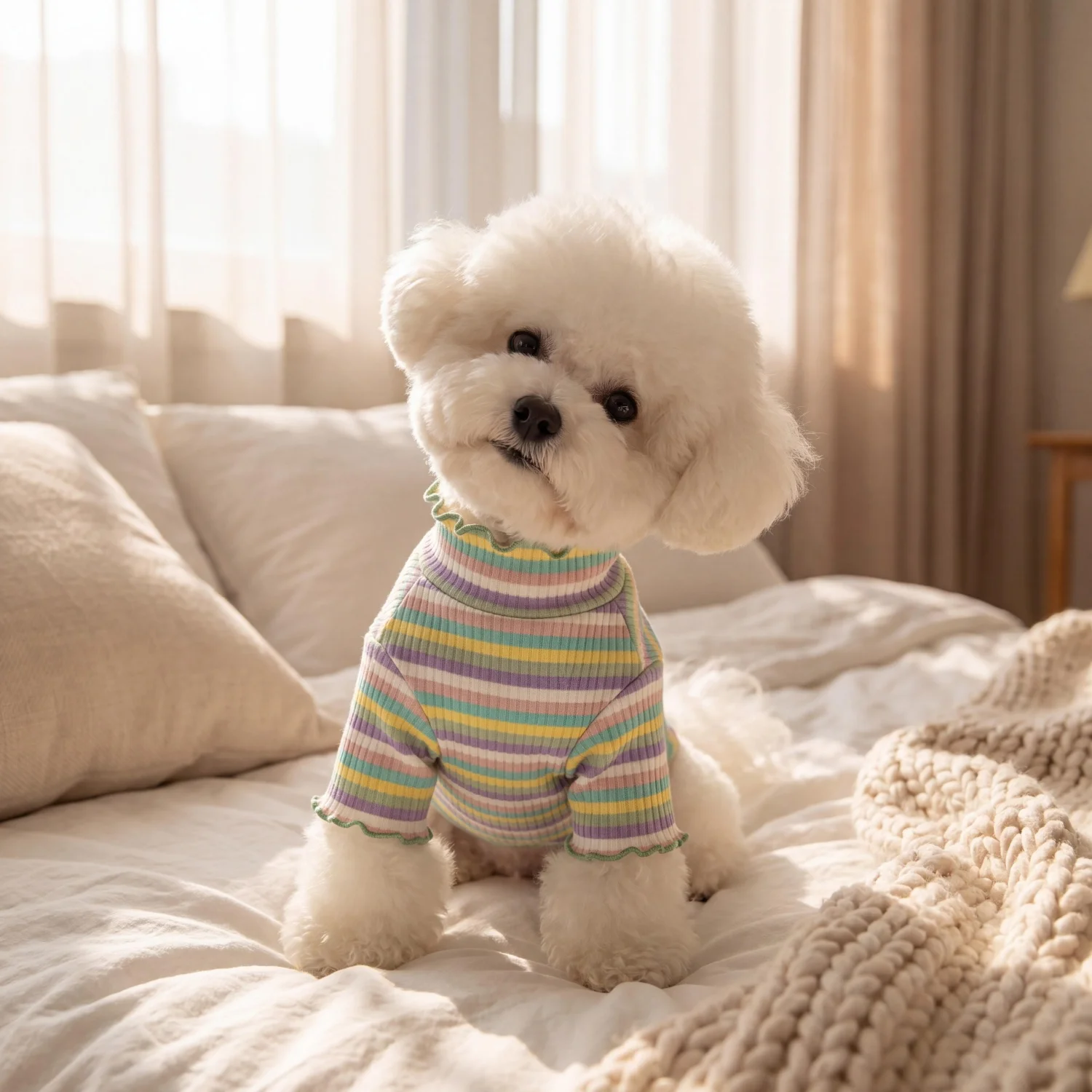 Gestreiftes Strick-Hundehemd mit niedlichem Bärenmotiv, Haustierkleidung, weiches geripptes Welpen-Outfit für Bichon Frise und Teddy. – Detail 26