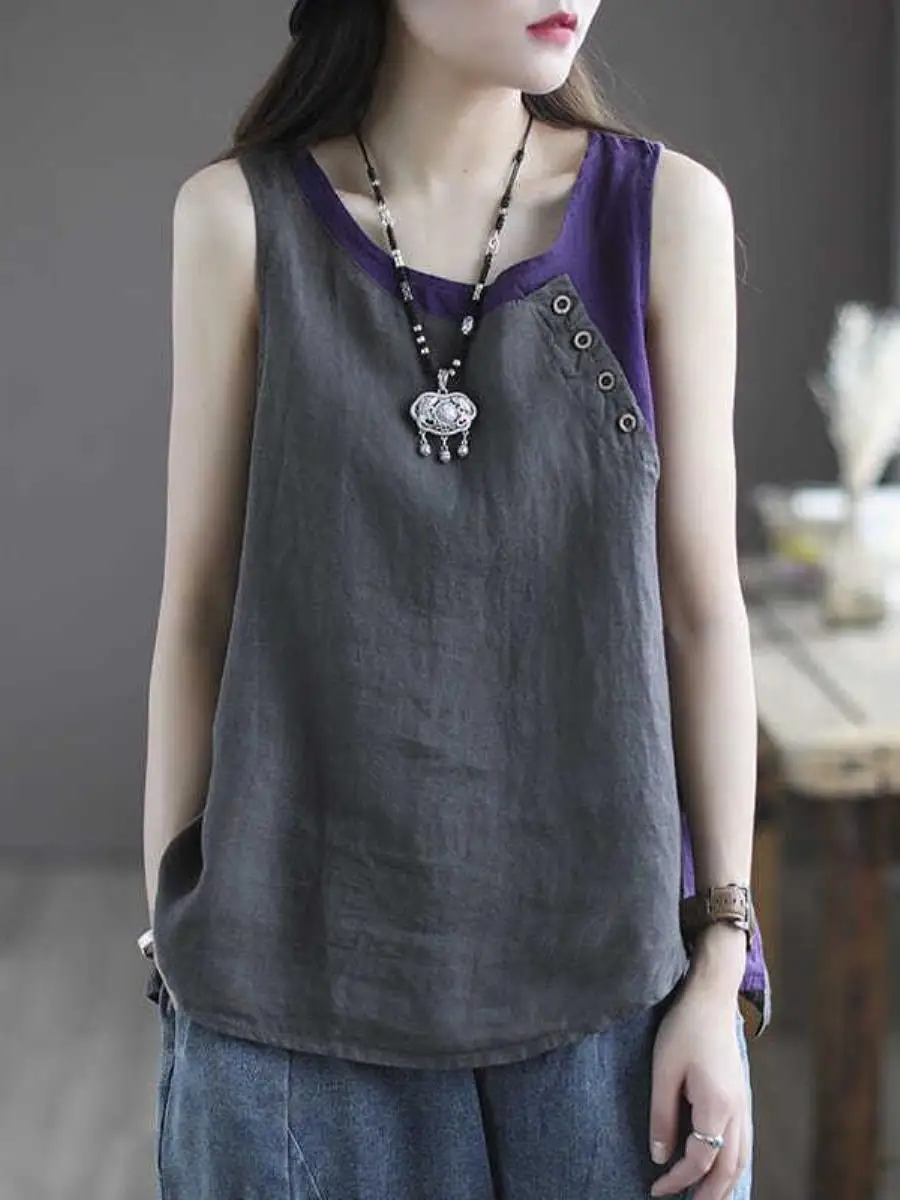 

Cotton Linen Summer New Loose Strap Vest Women Thin Asymmetric Top Button Decoration Non-Parka Style Simple Commute Style