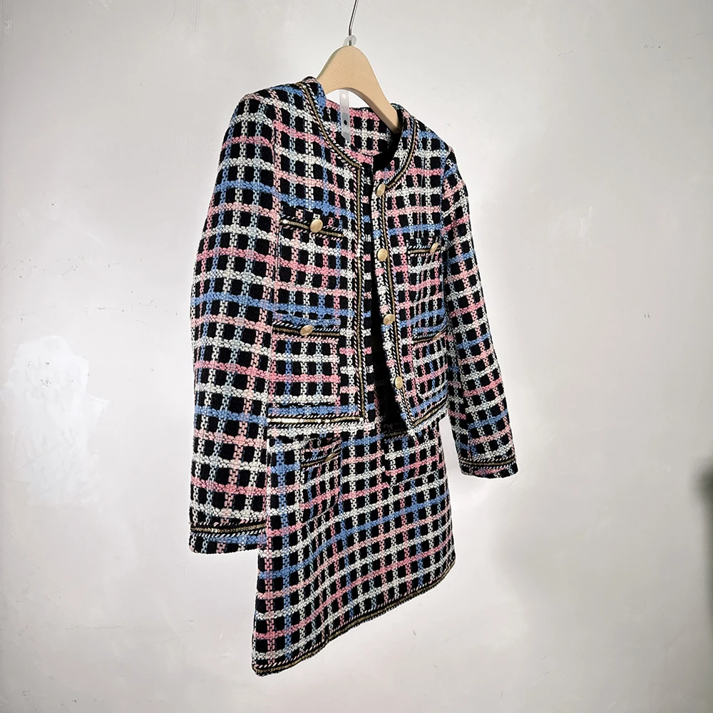 High End Women Wool Tweed Autumn Winter 2 Piece Set Plaid French Vintage Coat Outwear Casual +Mini Skirts Sets